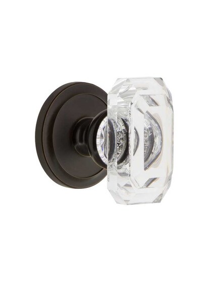 Grandeur Circulaire Rosette Door Set with Clear Crystal-Glass Baguette Knobs in Timeless Bronze.